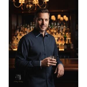 Au‎ Noir Massarotti Mens 43/17 Navy Dark Blue Pinstripe Stretch Button Up Shirt